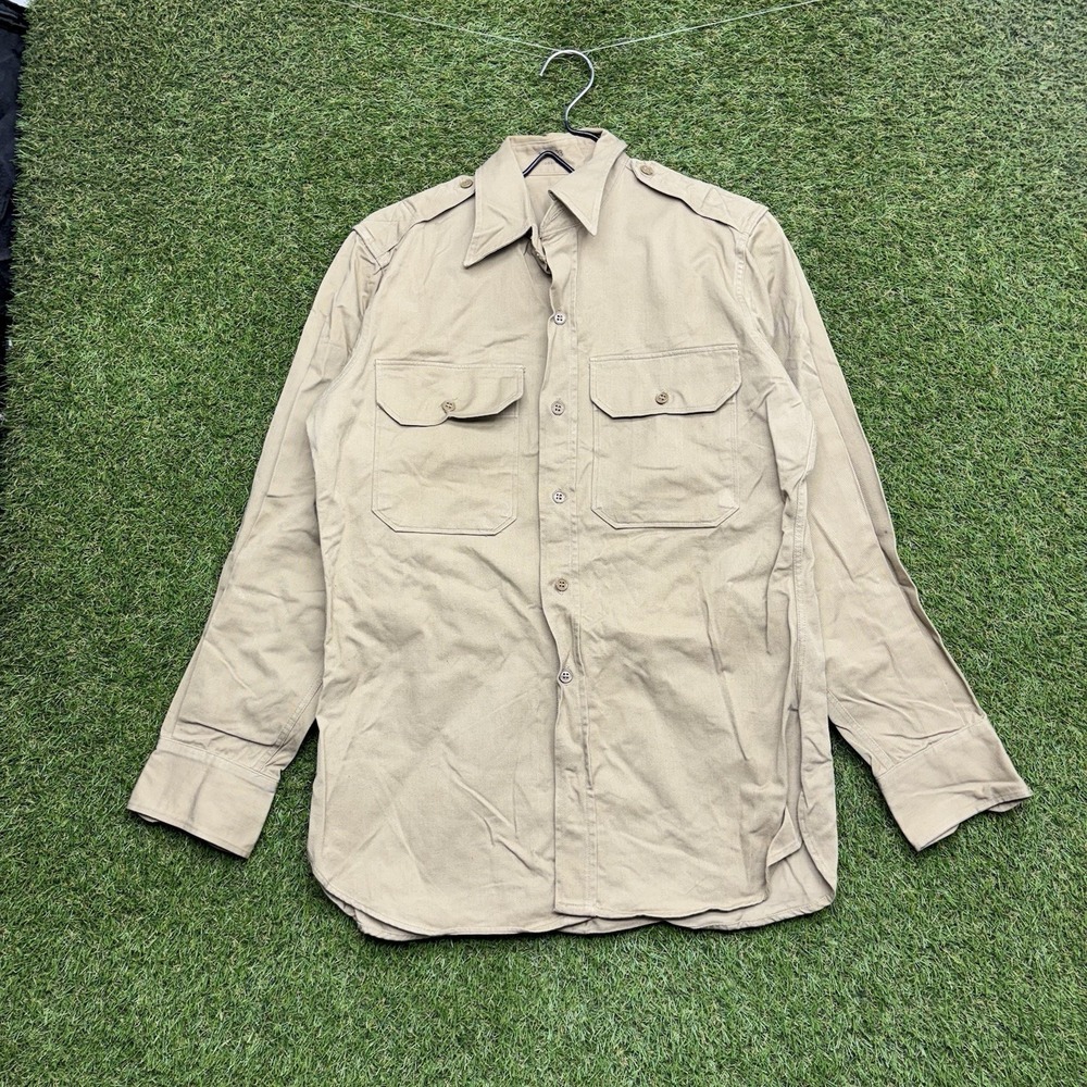 Vintage US ARMY Uniform Shirt Mens Medium Long Sleeve Tan War Military Button